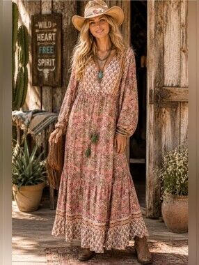 Jaded Gypsy Teired Floral Cotton Maxi Dress with Tassel Tie and Pockets
